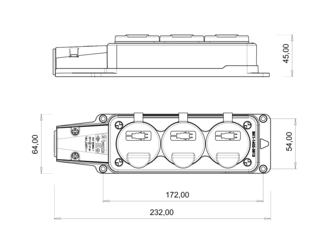 Колодка удлинителя на 3 розетки переносная каучуковая 220В 16А 2P+E IP44 влагозащищенная размеры